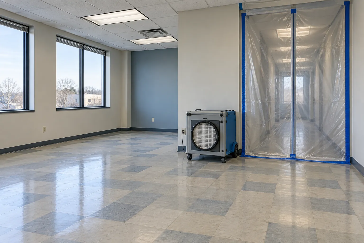 Vacant office space with tile flooring and a plastic containment doorway beside an air filtration unit
