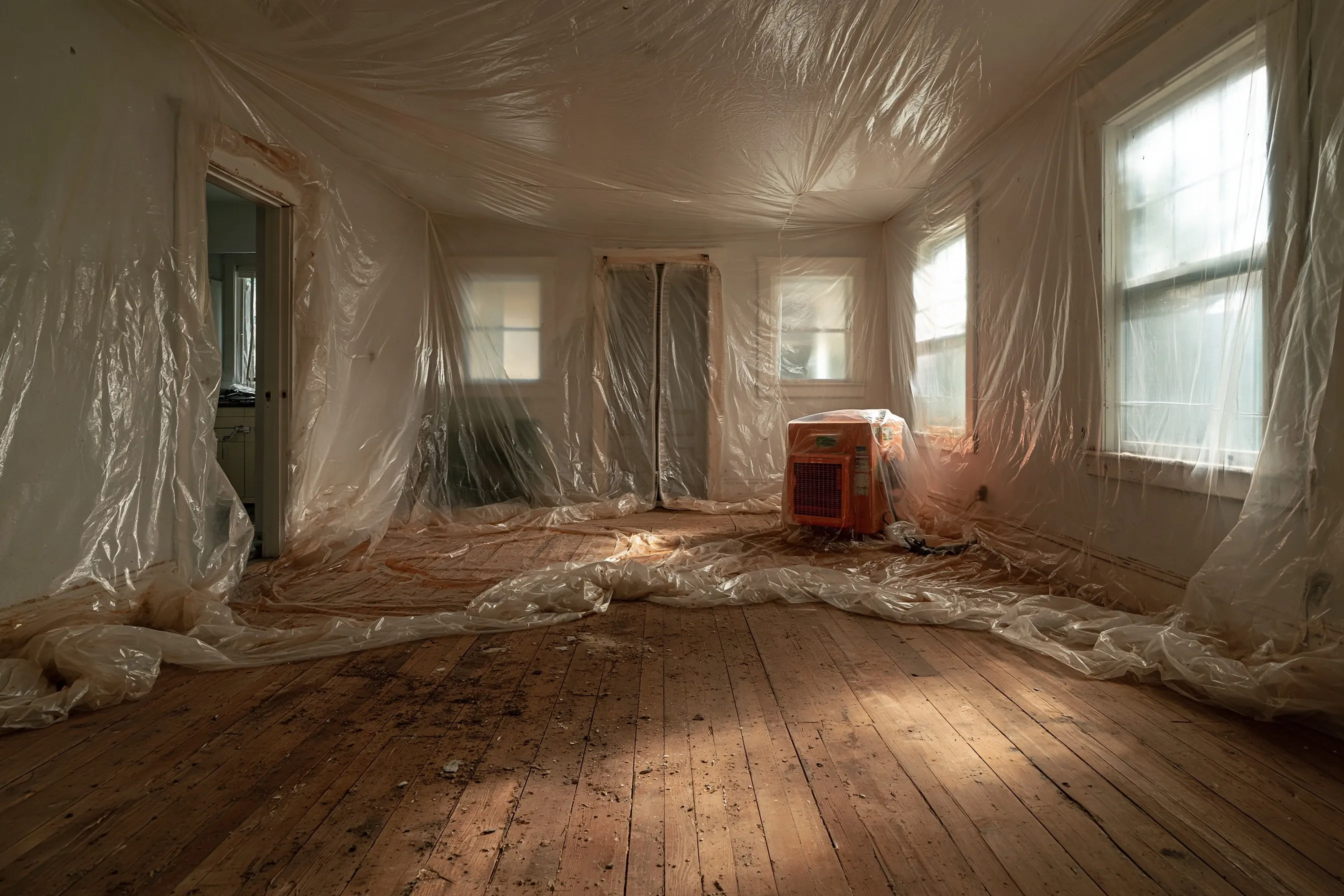 Plastic sheeting containment with a negative air machine set up in an empty room of an older home