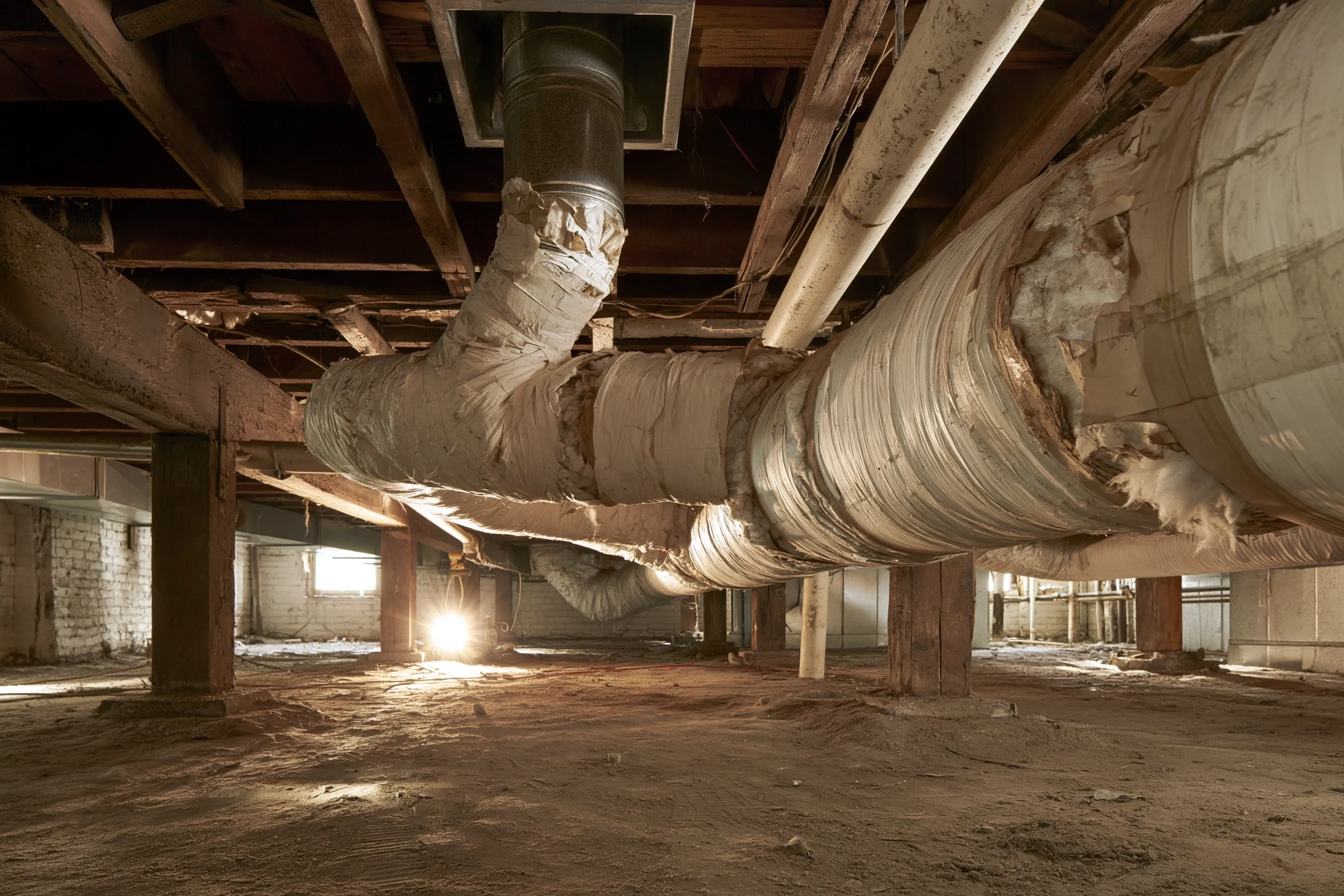 Old white wrapped HVAC duct and register boot in a crawlspace