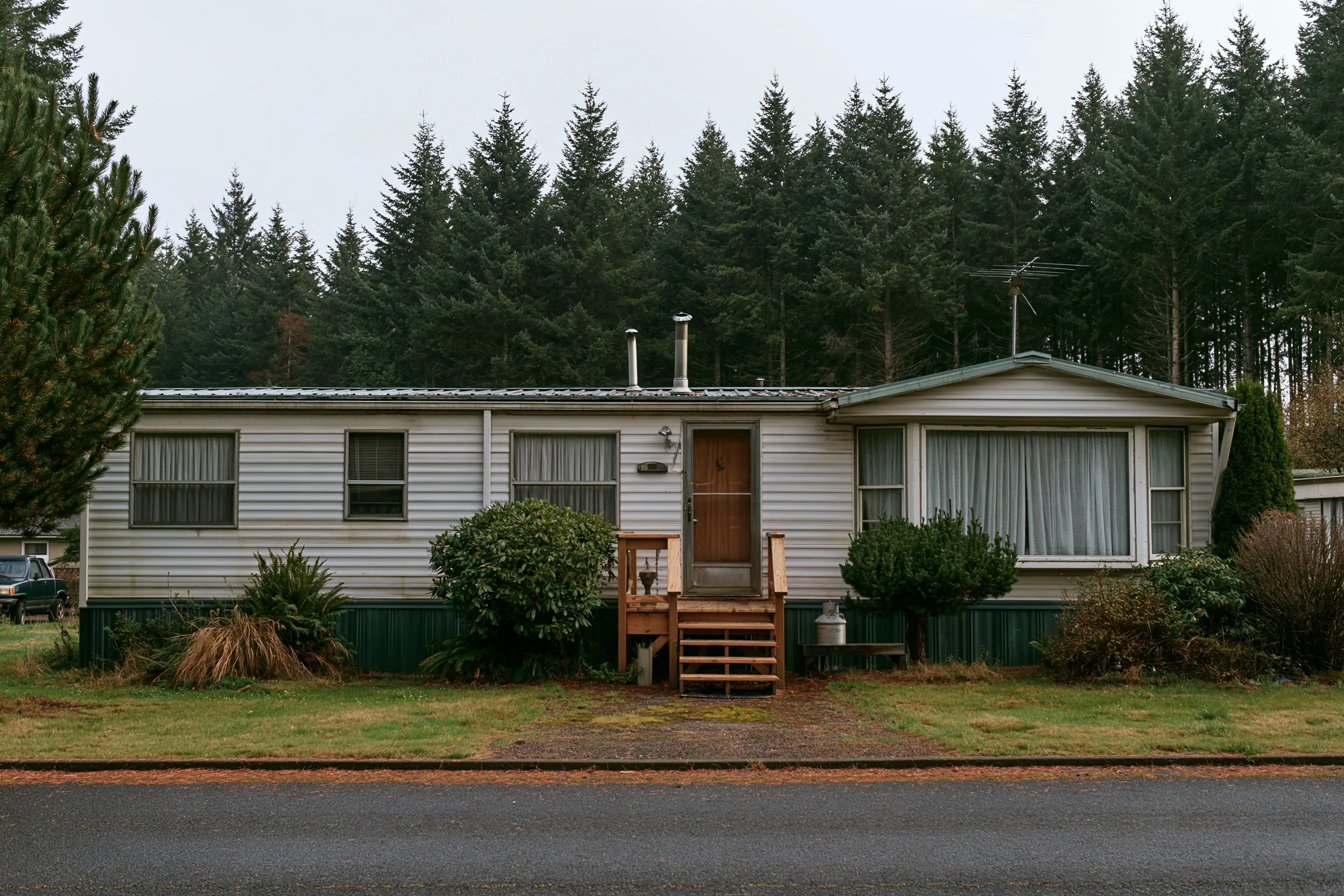 Older single-wide manufactured home with skirting around its base