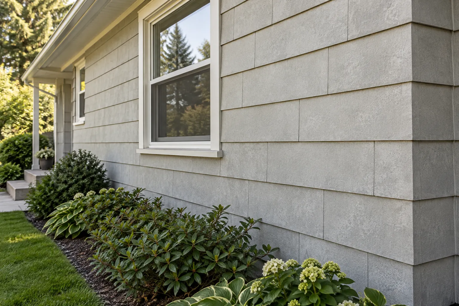 Gray cement board shingle siding on the side of an older single-story house