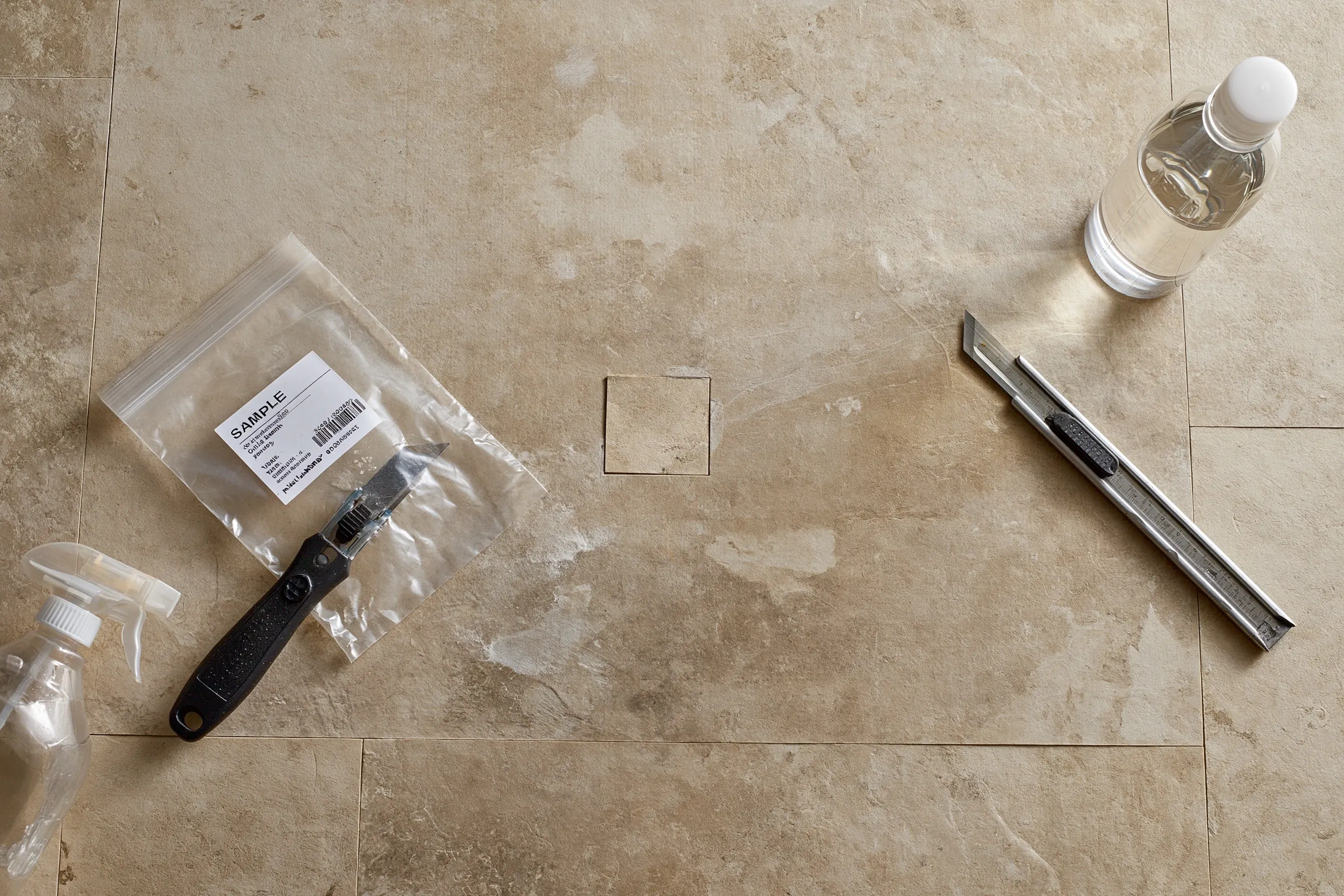 Labeled sample bags and a sampling tool beside a small cut in flooring during an asbestos inspection